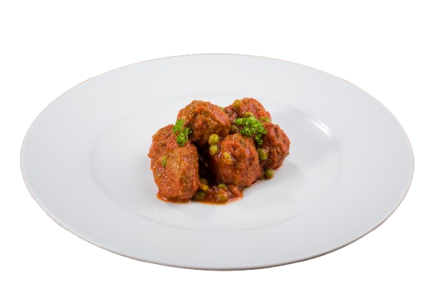 Albondigas con tomate y guisantes