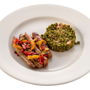 Salchichas de ternera y guisantes