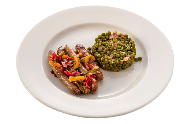 Salchichas de ternera y guisantes